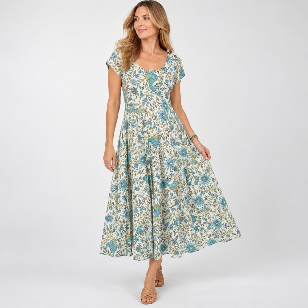 Chaps Boho Floral Maxi Dress Womens XL Cotton Blue Cottagecore Short Sleeve